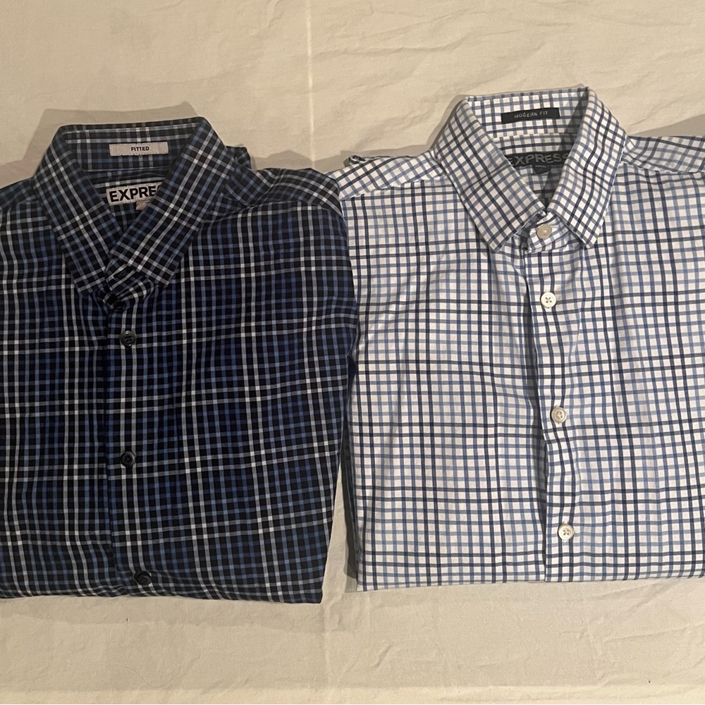 Lot of two Express Modern Fitted Button Down Blue Dress Shirts, Medium 15-15.5"